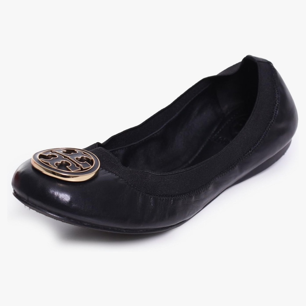Tory Burch caroline black patent leather ballet flat womens 10.5 gold logo